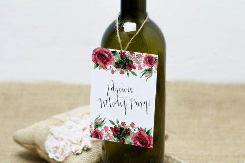 burgundowe róże zawieszka na alkohol weselny