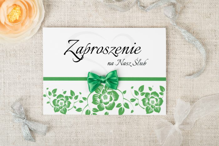 zaproszenie ślubne ornament z kokardką zielone