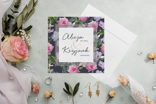 zaproszenie ślubne kwadratowe z różowymi kwiatami