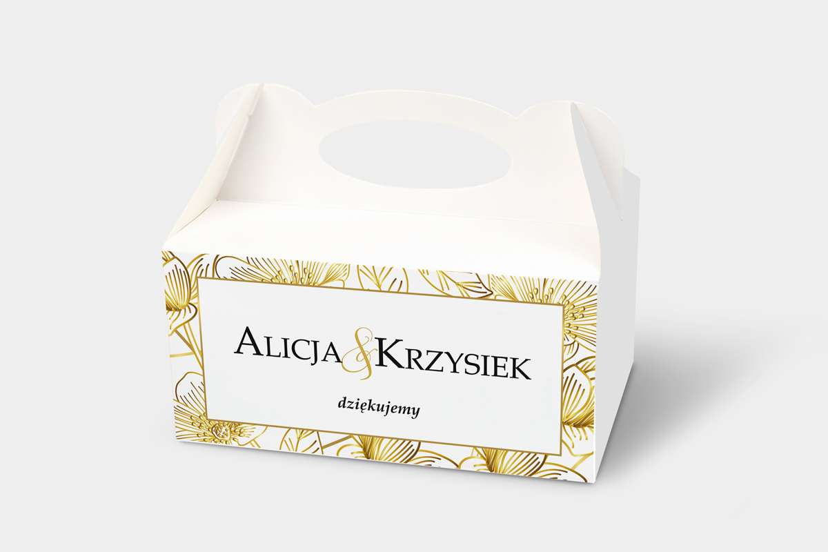 Pudełka na ciasto weselne z personalizacją Pudełko na ciasto pasujące do zaproszeń w pudełeczku - Złote kwiaty
