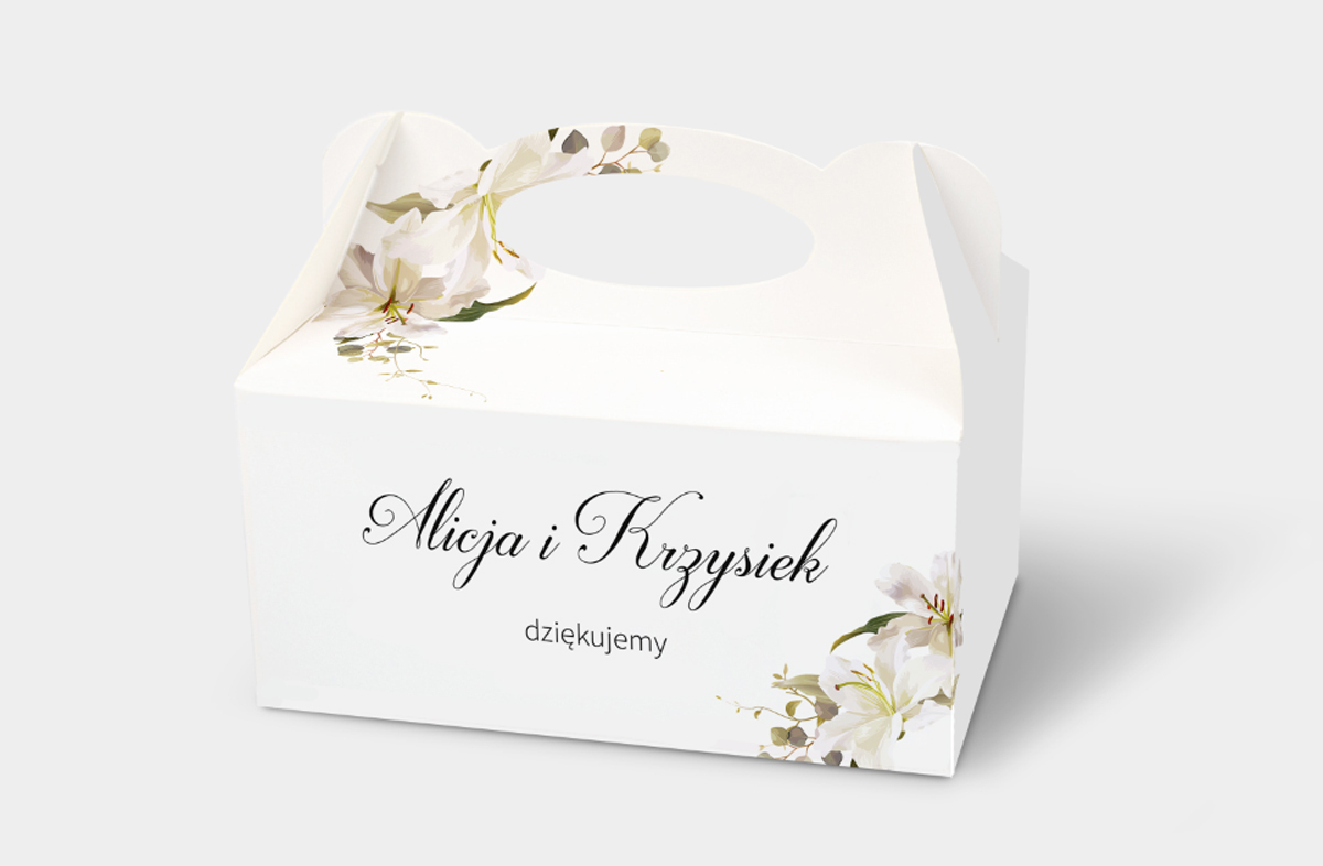 Podziękowania dla gości Ozdobne pudełko na ciasto Jednokartkowe Recyklingowe - Eleganckie lilie