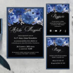 zaproszenie ślubne z podkładką i niebieskimi kwiatami