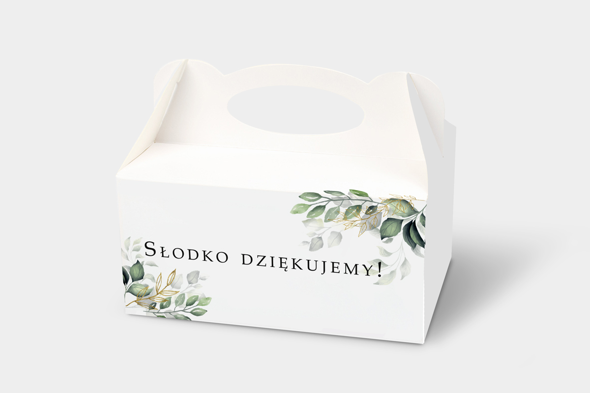 Podziękowania dla gości Ozdobne pudełko na ciasto do zaproszeń Botaniczne – Gałązki ze złotem