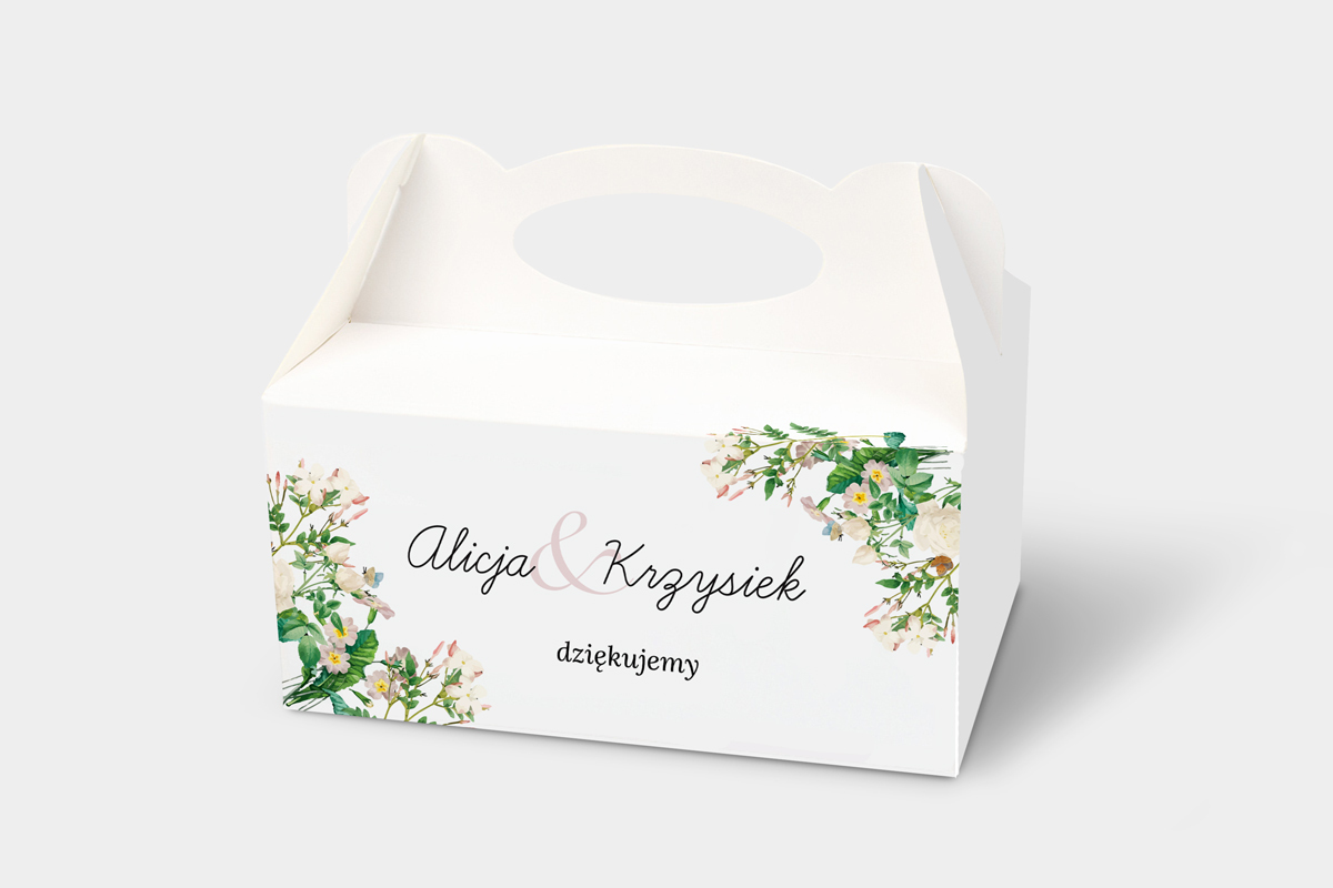 Pudełka na ciasto weselne z personalizacją Ozdobne pudełko na ciasto - Kwiaty Vintage – Wianuszek z białych kwiatów