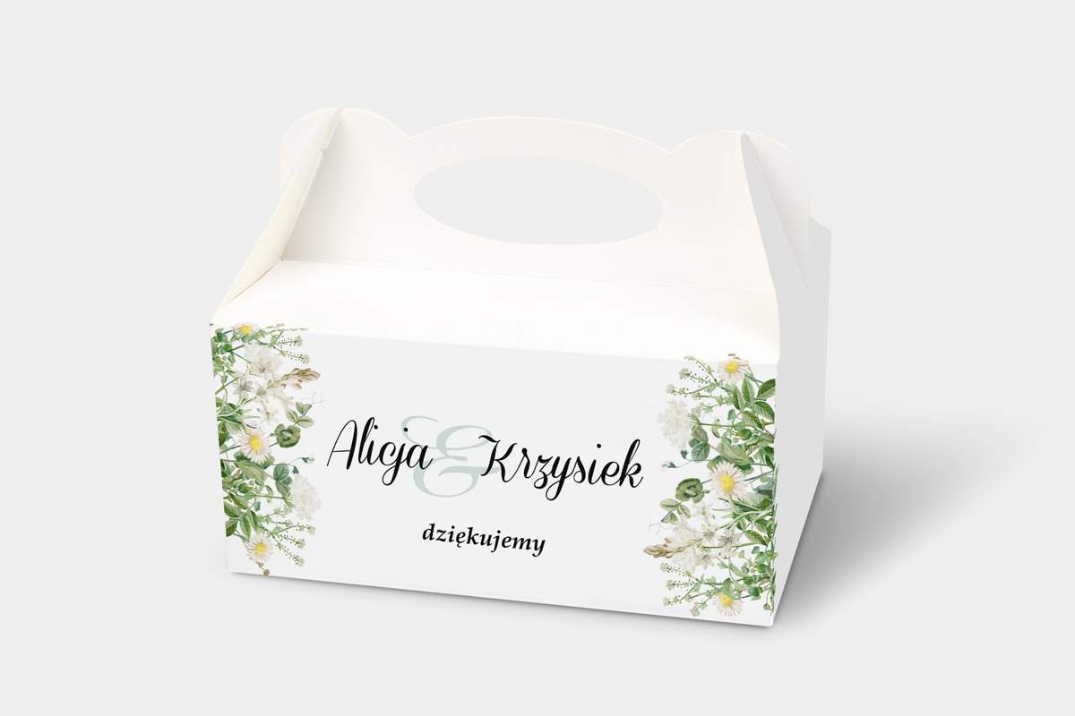Podziękowania dla gości Ozdobne pudełko na ciasto - Kwiaty Vintage – Białe polne kwiatki