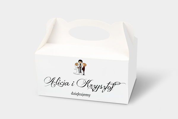 Pudełka na ciasto weselne z personalizacją Ozdobne pudełko na ciasto - Lolki i ksiądz 2