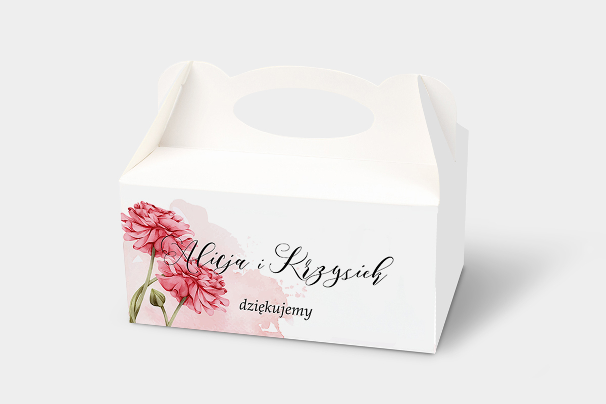 Podziękowania dla gości Ozdobne pudełko na ciasto - Namalowane Kwiaty – Różowe peonie