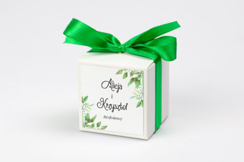 Ozdobne pudełeczko z personalizacją do zaproszenia ze zdjęciem i sznurkiem - Liściaste
