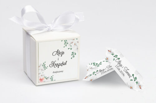 Ozdobne pudełeczko z personalizacją do zaproszenia ze zdjęciem i sznurkiem - Białe Storczyki