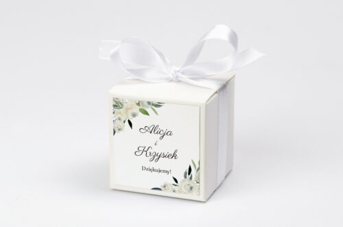 Ozdobne pudełeczko z personalizacją zaproszenia jednokartkowe - Białe kwiaty