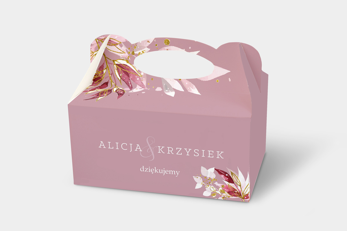 Podziękowania dla gości Ozdobne pudełko na ciasto - Akwarelowe Bukiety – Kolorowe listki na różowym tle