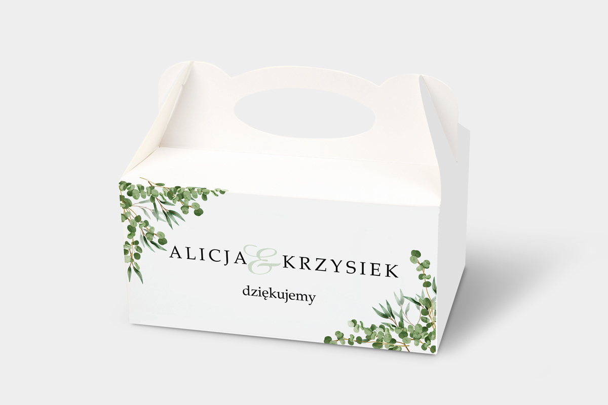 Pudełka na ciasto weselne z personalizacją Ozdobne pudełko na ciasto - Geometryczne Kwiaty - Liście eukaliptusa
