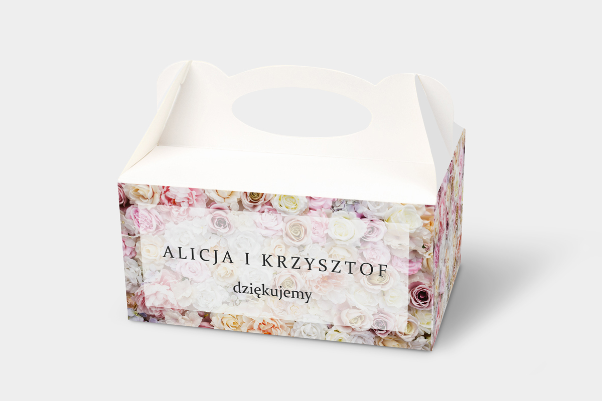 Pudełka na ciasto weselne z personalizacją Ozdobne pudełko na ciasto - Fotograficzne Kwiaty - Pudrowe Róże