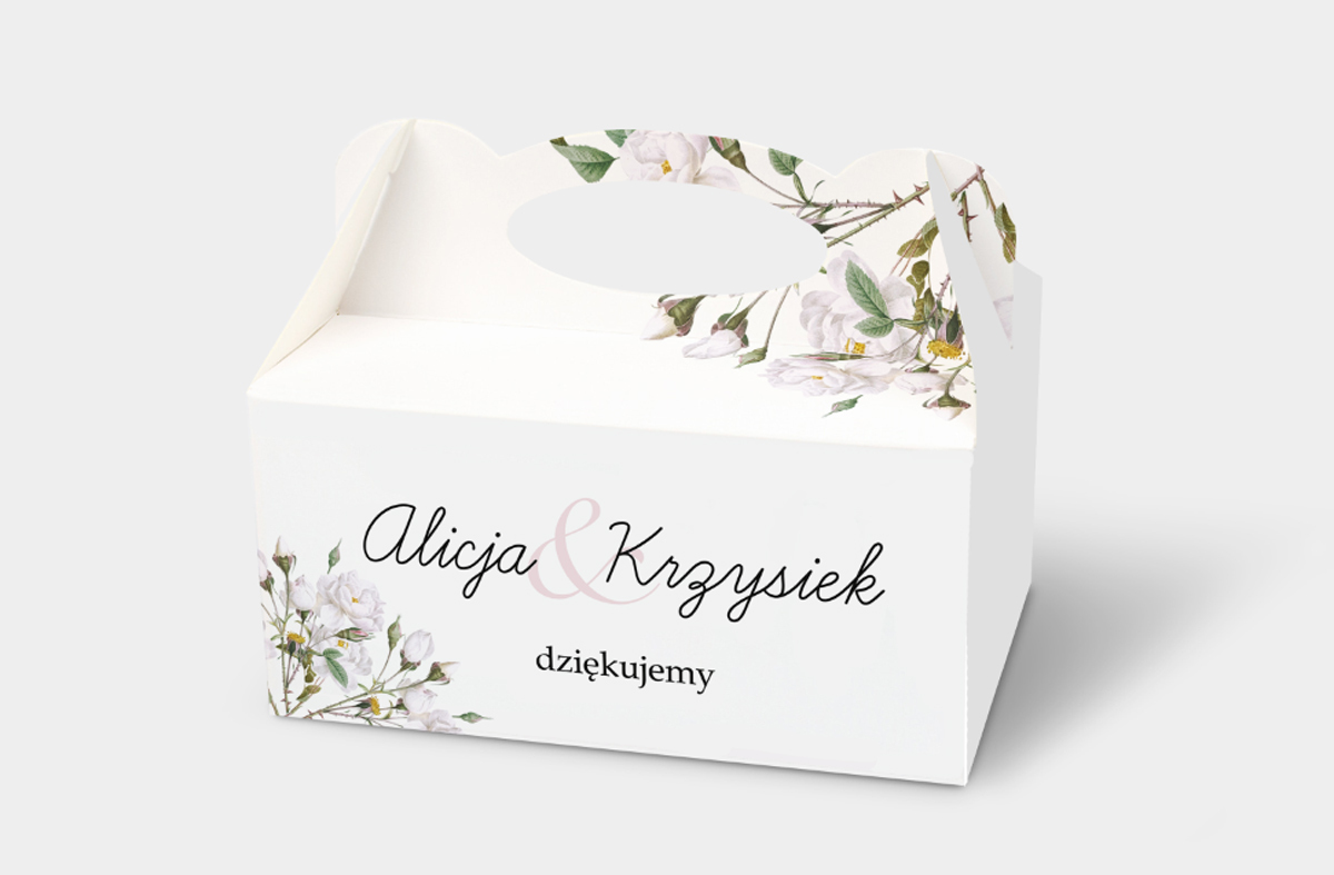 Podziękowania dla gości Ozdobne pudełko na ciasto - Kwiaty Vintage – Białe Róże