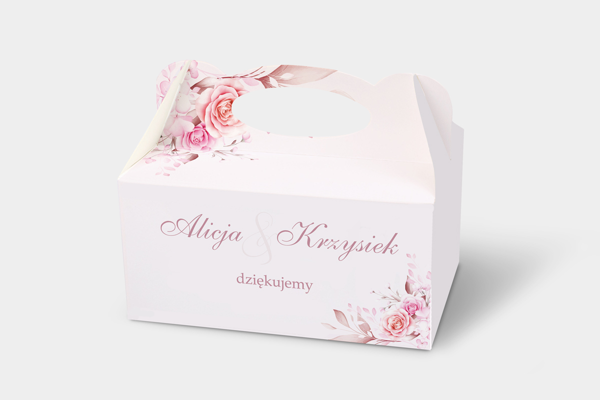 Podziękowania dla gości Ozdobne pudełko na ciasto - Akwarelowe Bukiety – Róże na pudrowym tle