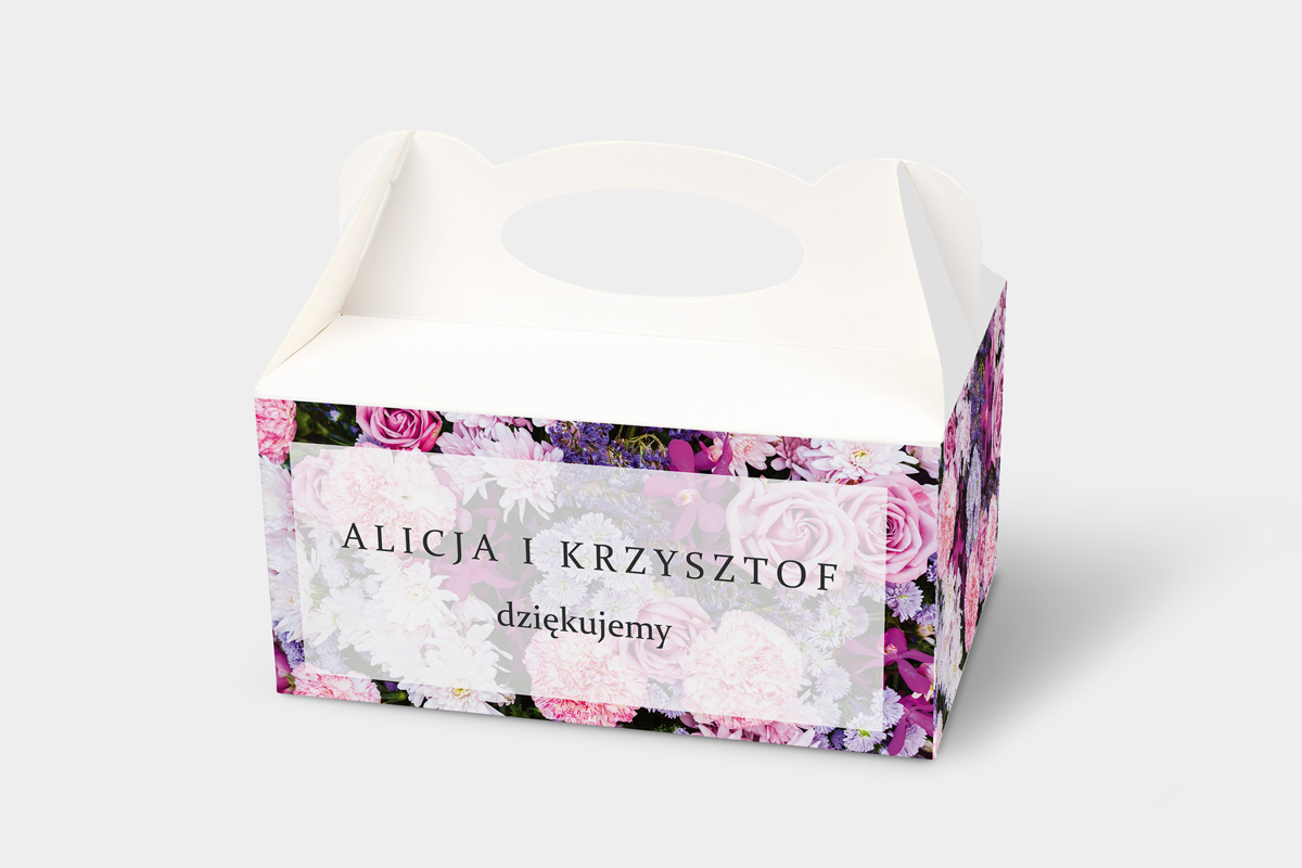 Pudełka na ciasto weselne z personalizacją Ozdobne pudełko na ciasto - Fotograficzne Kwiaty - Różowo-fioletowy bukiet