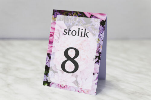 Numer stolika pasujący do zaproszenia Fotograficzne Kwiaty - Różowo-fioletowy bukiet