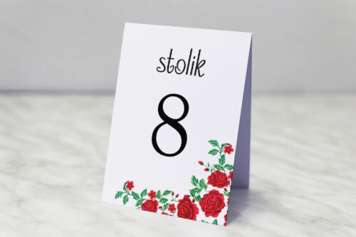 Numer stolika do zaproszenia ze zdjęciem i sznurkiem – Róże z chusty