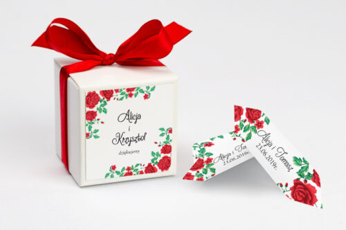 Ozdobne pudełeczko z personalizacją do zaproszenia ze zdjęciem i sznurkiem - Róże z chusty