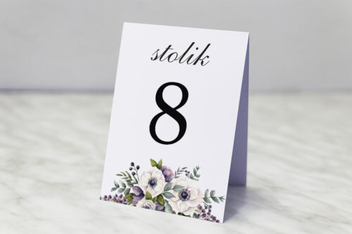 Numer stolika do zaproszenia ślubnego Kwiatowe Gałązki - Biało-Fioletowe Anemony