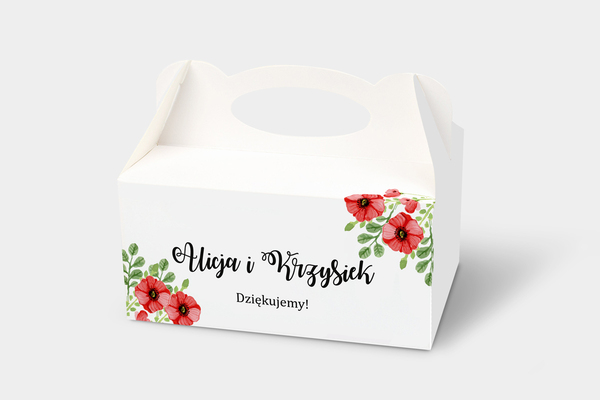 Pudełka na ciasto weselne z personalizacją Ozdobne pudełko na ciasto do zaproszenia Kwiaty: Czerwone maki