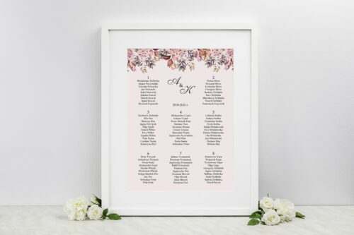 Plan stołów weselnych - Kwiatowe Gałązki - Różowo-Bordowe Róże