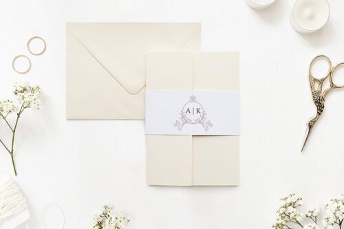 Zaproszenie ślubne w folderze - Ornamentowe z szarfą - Pudrowe gałązki