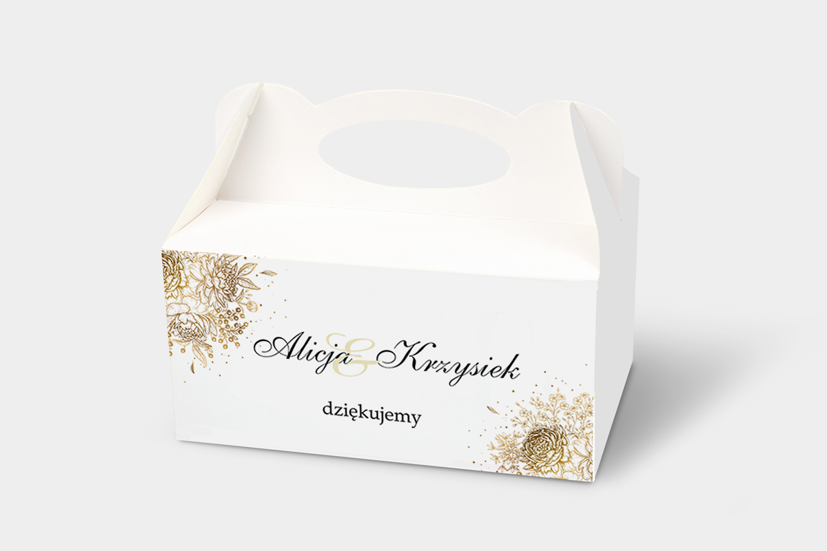 Pudełka na ciasto weselne z personalizacją Ozdobne pudełko na ciasto - Geometryczne Kwiaty - Złoty bukiet