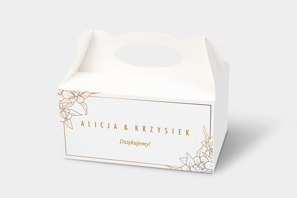 Podziękowania dla gości Ozdobne pudełko na ciasto - Geometryczne Czarno-białe – Minimalistyczne Kwiatuszki - Jasne