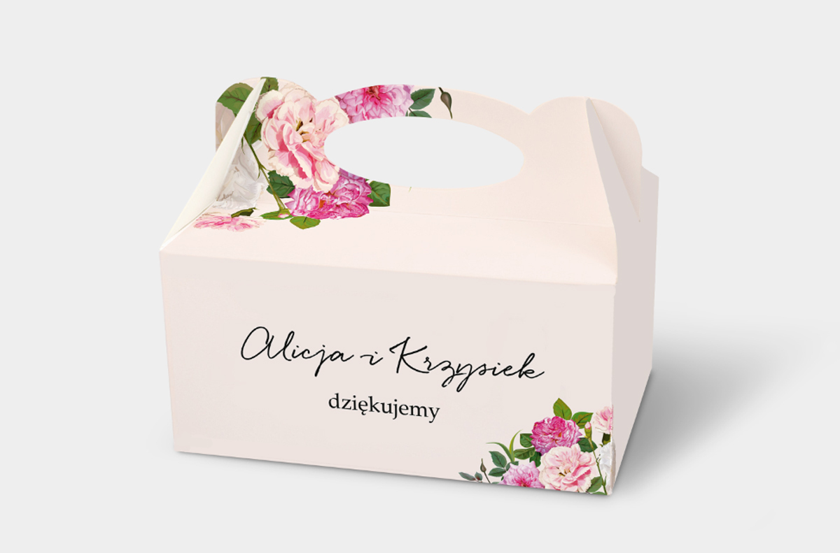 Pudełka na ciasto weselne z personalizacją Ozdobne pudełko na ciasto - Eleganckie kwiaty - Białe i różowe piwonie