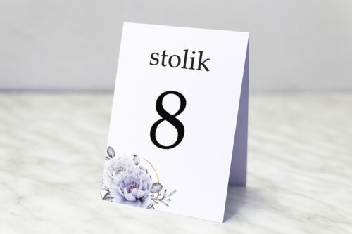 Numer stolika do zaproszenia ze zdjęciem i sznurkiem – Siwe kwiaty na kole