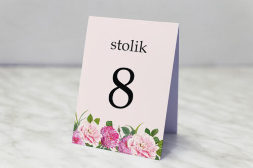 Numer stolika pasujący do zaproszenia Eleganckie kwiaty - Białe i różowe piwonie