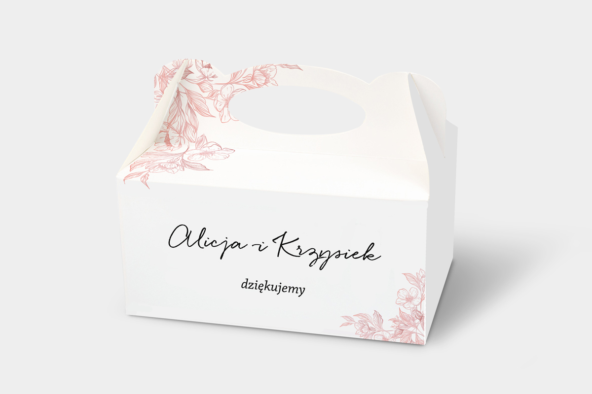 Pudełka na ciasto weselne z personalizacją Ozdobne pudełko na ciasto - Z nawami – Delikatne kwiaty – Pudrowe