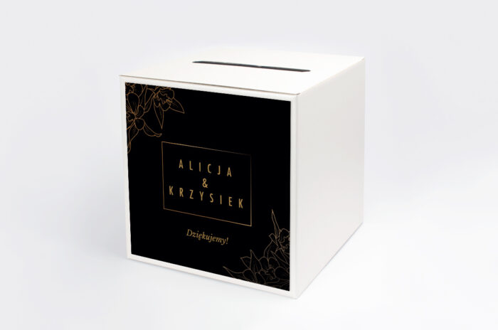 personalizowane-pudelko-na-koperty-geometryczne-czarno-biale-minimalistyczne-kwiatuszki-ciemne-papier-satynowany-pudelko-