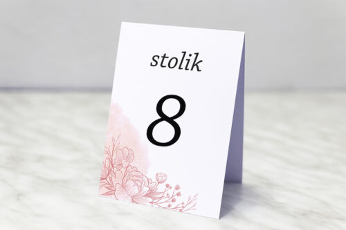 Numer stolika pasujący do zaproszenia z nawami – Delikatne kwiaty – Różowy kontur