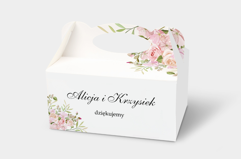 Podziękowania dla gości Ozdobne pudełko na ciasto - Kwiatowe Gałązki - Różowe Róże