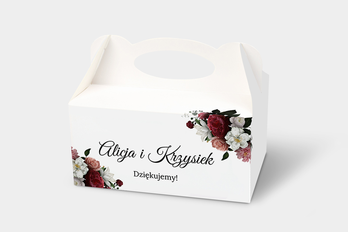 Podziękowania dla gości Ozdobne pudełko na ciasto - Boho Eleganckie – Czerwono biały bukiet