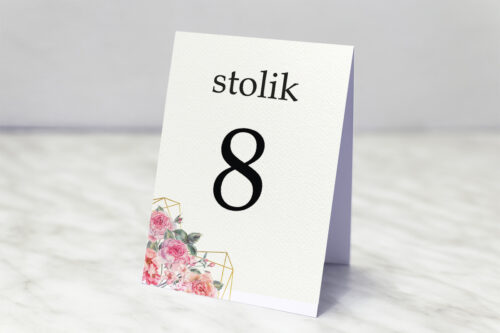 Numer stolika do zaproszenia ze zdjęciem i sznurkiem – Różowy bukiet w sercu