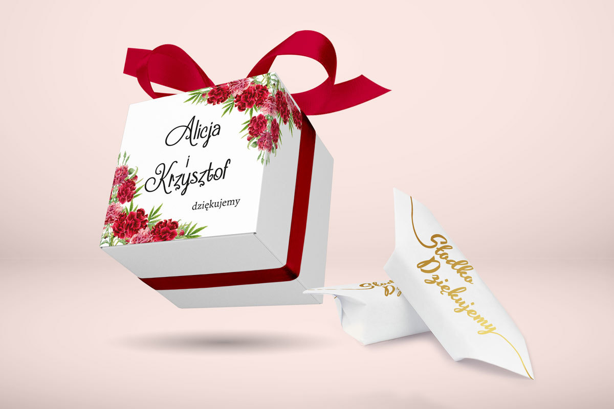 Krówki ślubne Ozdobne pudełeczko z personalizacją do zaproszenia ze zdjęciem i sznurkiem - Czerwone Goździki