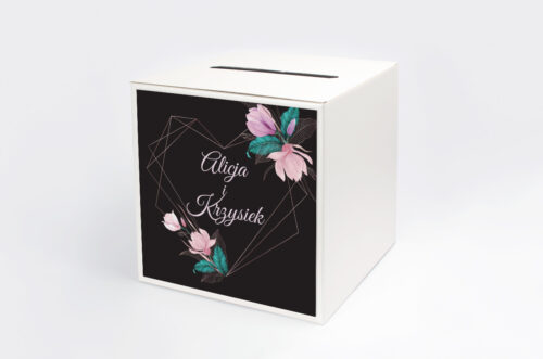 Personalizowane pudełko na koperty - Geometryczne Serce – Różowe Kwiaty Ciemne