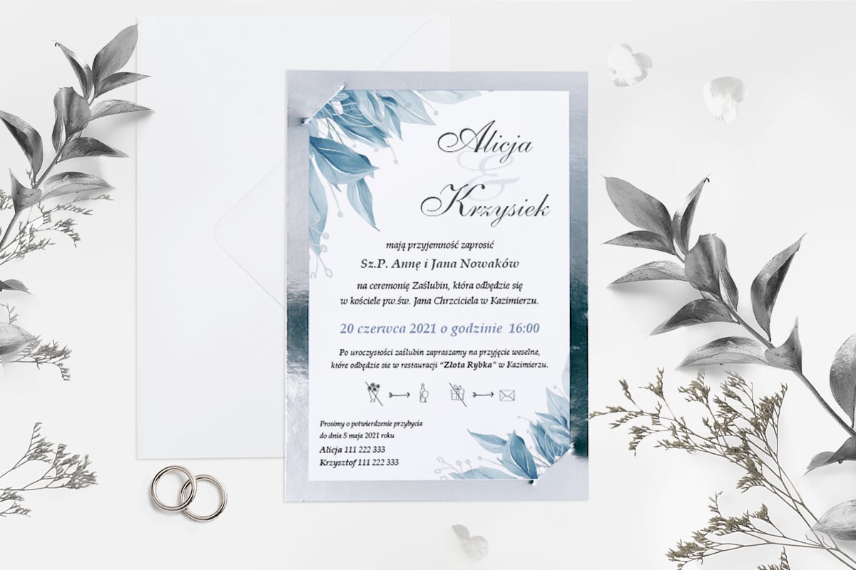 Glamour Zaproszenie ślubne ze srebrną podkładką - Niebieskie listki