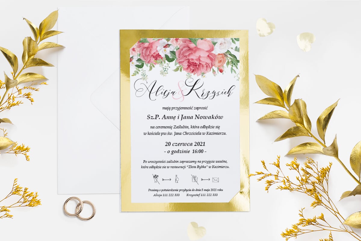 Tanie zaproszenia ślubne Zaproszenie B6 ze złotą podkładką - Koralowe Róże