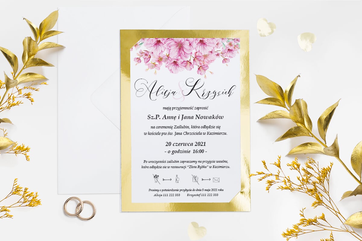 Tanie zaproszenia ślubne Zaproszenie B6 ze złotą podkładką - Kwiaty wiśni
