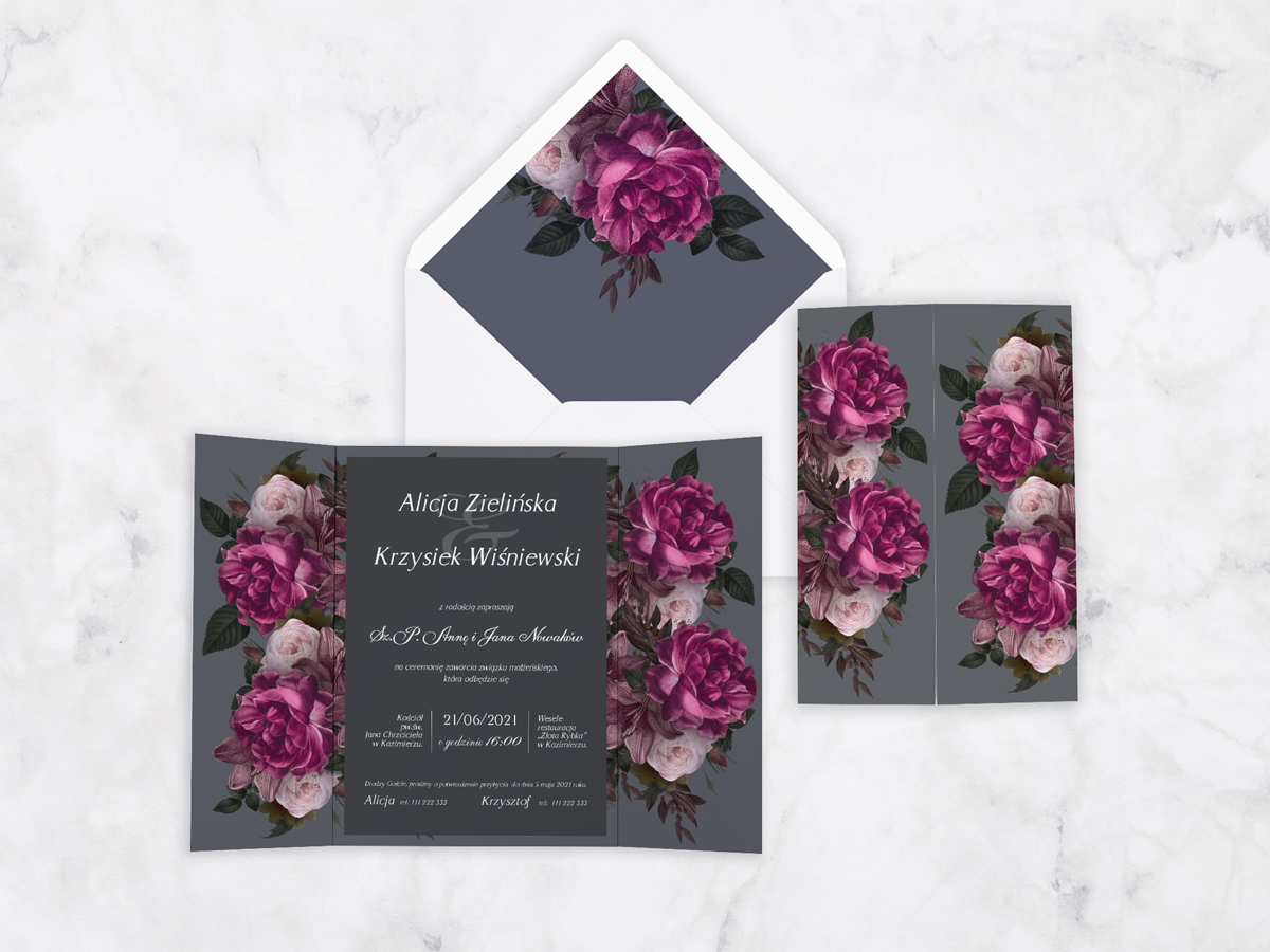 Tanie zaproszenia ślubne Zaproszenie ślubne Kwiatowe Nawy - Fioletowe róże