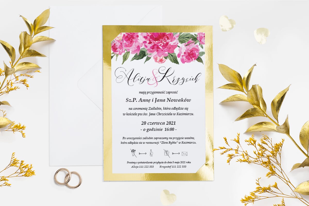 Tanie zaproszenia ślubne Zaproszenie B6 ze złotą podkładką - Różowe peonie