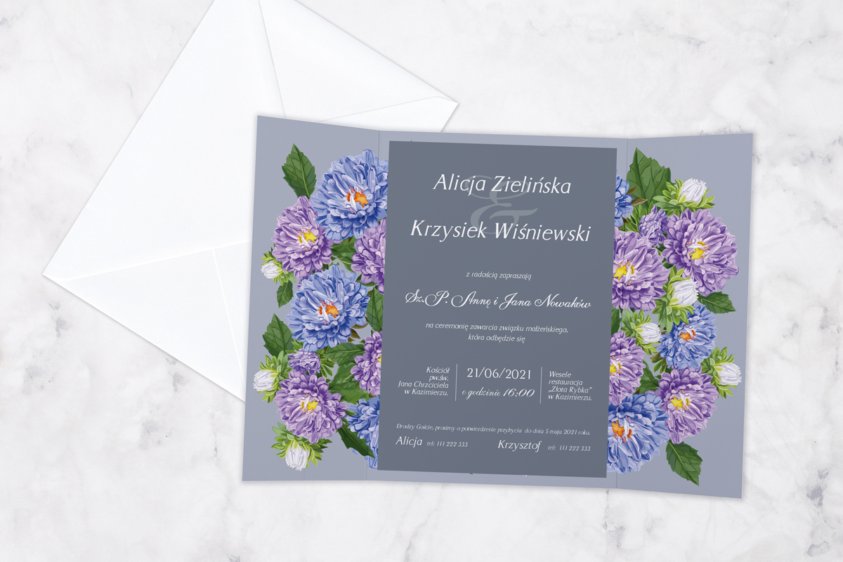 Tanie zaproszenia ślubne Zaproszenie ślubne Kwiatowe Nawy - Astry