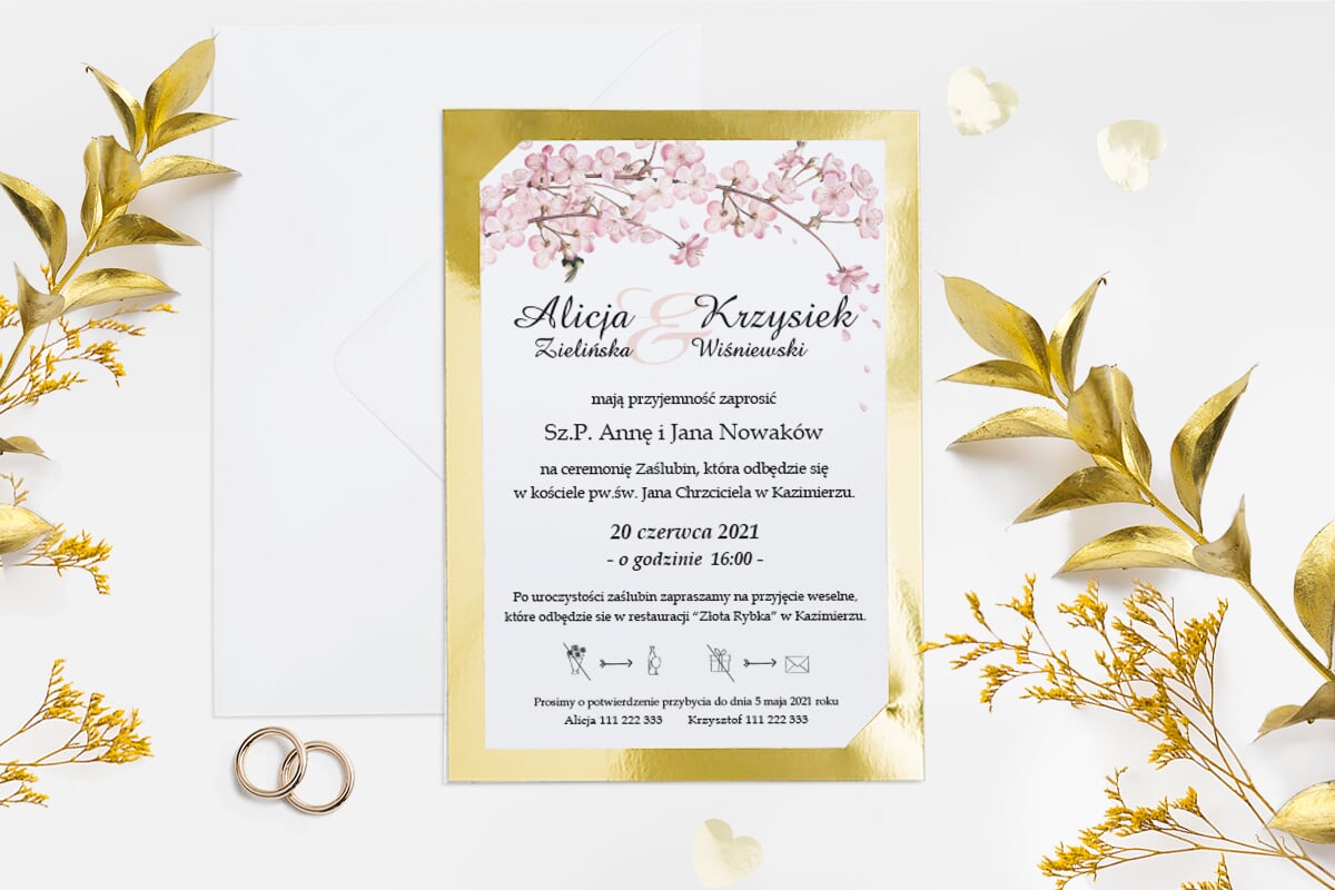 Tanie zaproszenia ślubne Zaproszenie B6 ze złotą podkładką - Małe różowe kwiatuszki