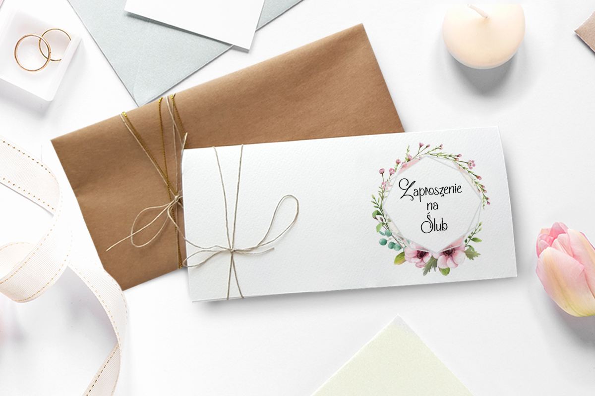 Nowoczesne zaproszenia ślubne Zaproszenie ze zdjęciem i sznurkiem - Pastelowe kwiaty