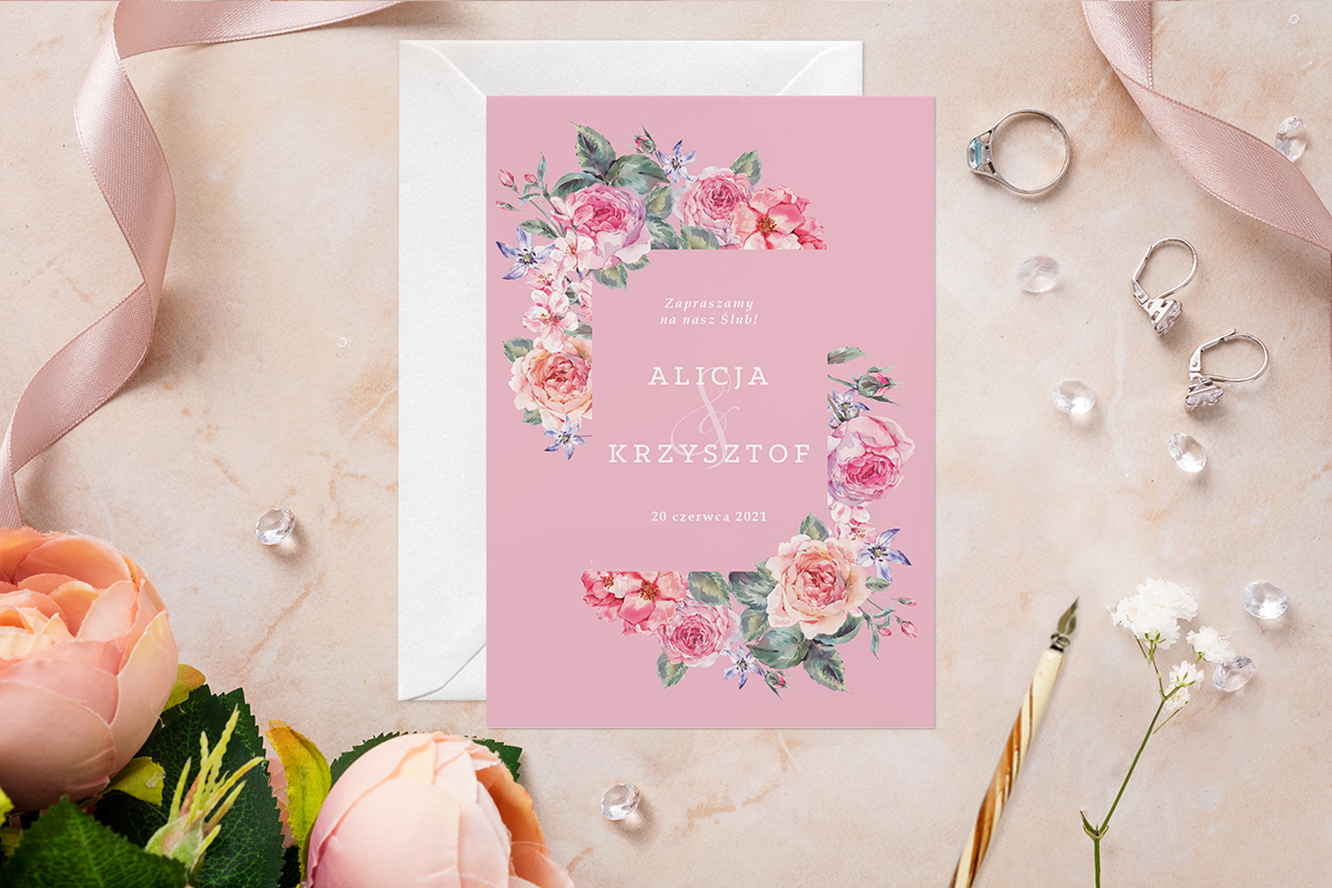 Eleganckie zaproszenia ślubne Zaproszenie ślubne - Akwarelowe Bukiety - Różany bukiet na różowym tle