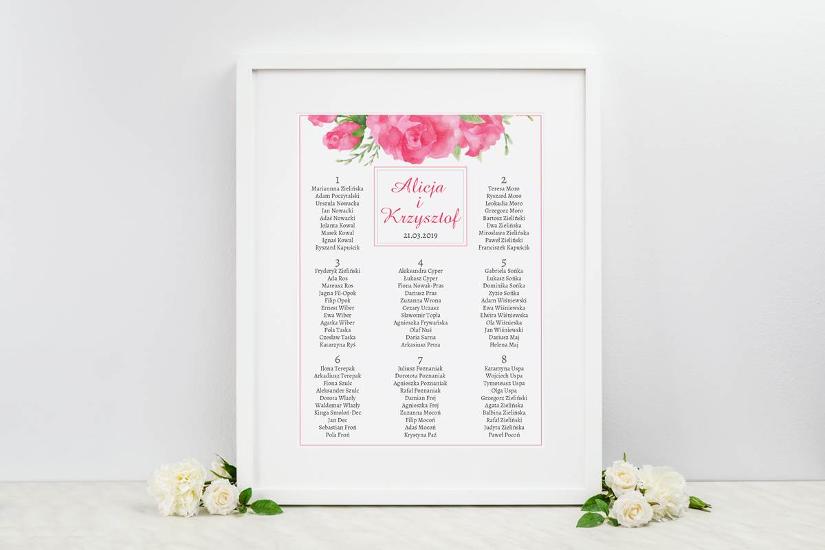 Dodatki ślubne Plan stołów weselnych - do zaproszenia Kwiaty z nawami - Akwarelowe róże
